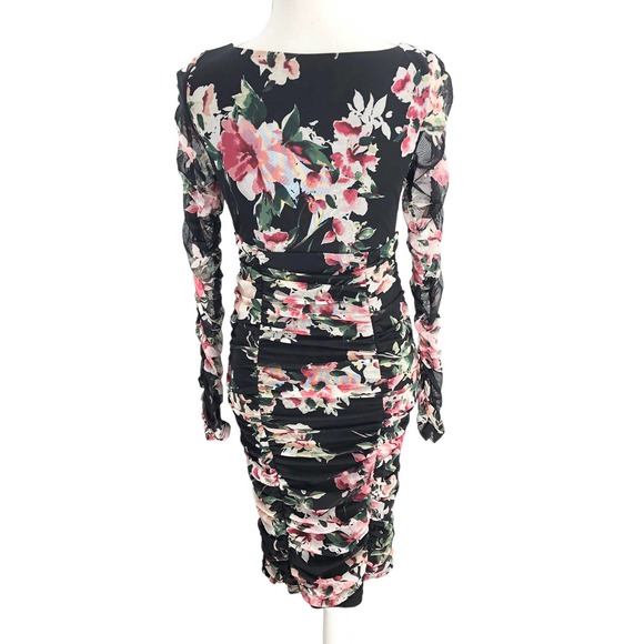 Lulu’s NWOT Womens Size Small Ruched Mesh Ayana Dress in Black Floral Print - Picture 4 of 9